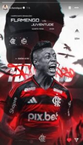 Bruno Henrique faz postagem com chamada do jogo do Flamengo contra o Juventude • Reprodução/Instagram