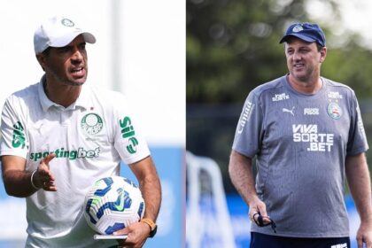 Abel Ferreira, técnico do Palmeiras, e Rogério Ceni, técnico do Bahia • Montagem com as fotos Letícia Martins/EC Bahiade Cesar Greco/Palmeiras e
