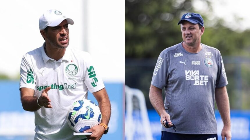 Abel Ferreira, técnico do Palmeiras, e Rogério Ceni, técnico do Bahia • Montagem com as fotos Letícia Martins/EC Bahiade Cesar Greco/Palmeiras e